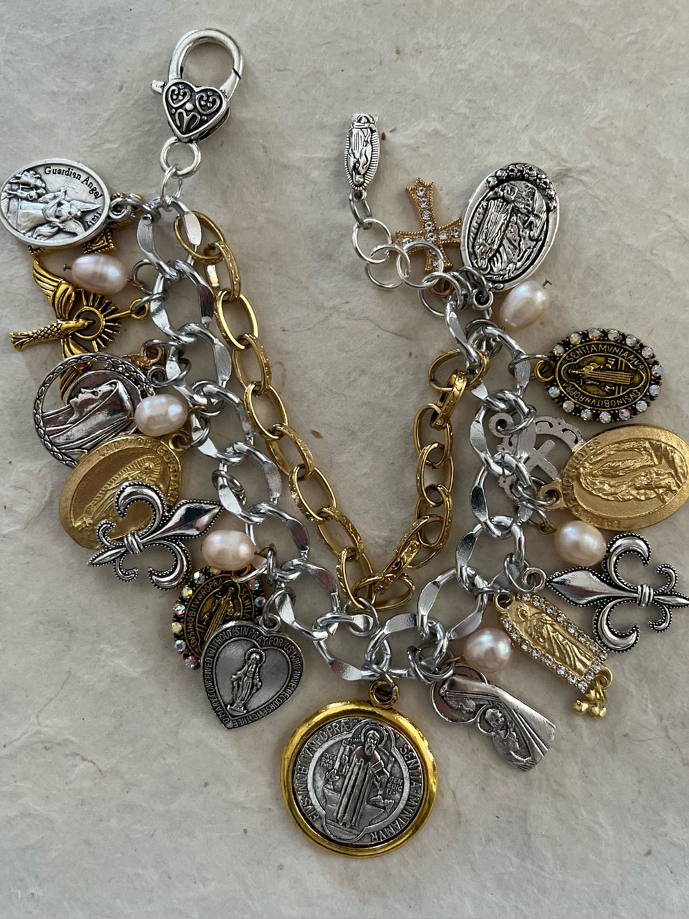 Catholic Saints and Crosses Charm Bracelet: St. Benedict, Silver and gold